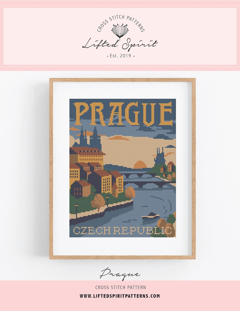 Vintage Travel Prague Cross Stitch Pattern - Vintage Style Czechia Cross Stitch Pattern PDF Instant Download. Vintage Travel Czech Republic image 3