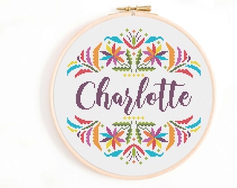 Child's Name Sign Cross Stitch - Flowers and Fireworks Cross Stitch Pattern with Calligraphy Alphabet - Girl's Name Cross Stitch Pattern