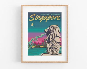 Vintage Travel Singapore Cross Stitch Pattern - Asia Cross Stitch Pattern PDF Instant Download. Merlion Fountain Cross Stitch Pattern