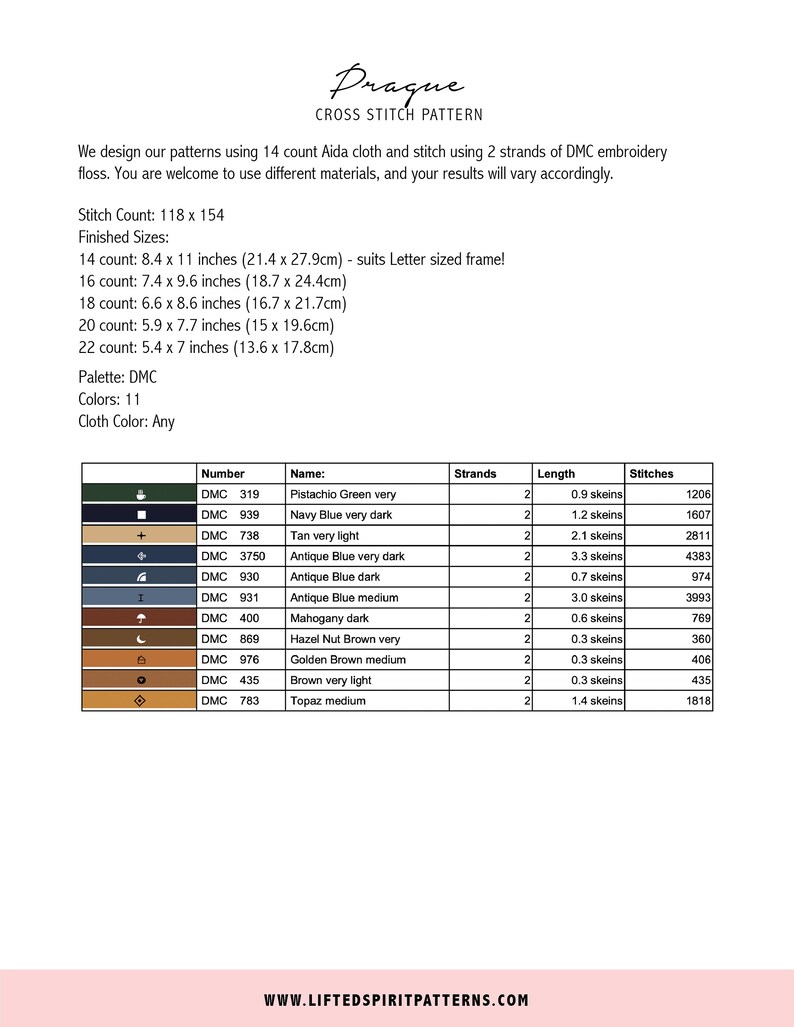 May include: A cross stitch pattern chart for a Prague design. The chart includes a color key with DMC floss numbers, names, and corresponding stitch counts. The chart also includes the finished size of the project in inches and centimeters.