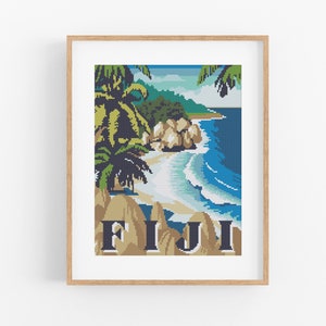 Vintage Travel Fiji Cross Stitch Pattern - Pacific Islands Cross Stitch Pattern PDF Instant Download. Island Vacation Cross Stitch Pattern