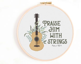 Christian Cross Stitch Pattern - Praise Him with Strings Cross Stitch Pattern PDF Instant Download. Christian Music Bible Verse Sampler.