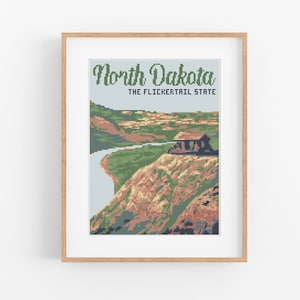 Vintage Travel North Dakota Cross Stitch Pattern - Vintage Style Badlands ND Cross Stitch Pattern Instant Download. Vintage Travel Art