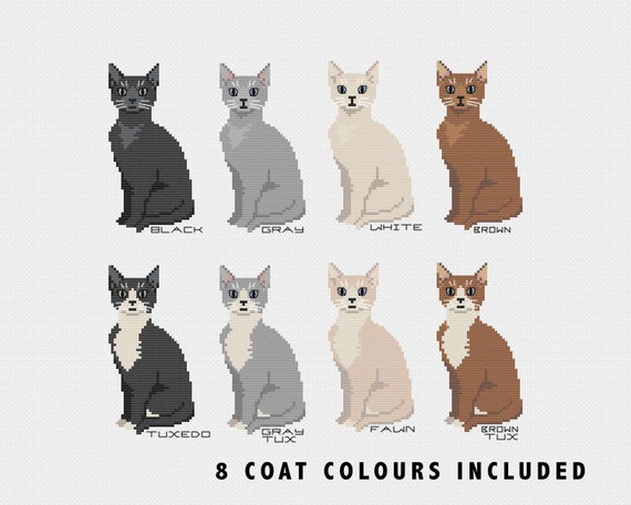 Solid Color and Tuxedo Shorthair Cats Cross Stitch Pattern