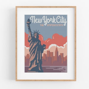 Vintage Travel 'New York City' Cross Stitch Pattern - Vintage Style NYC Cross Stitch Pattern PDF Instant Download. Statue of Liberty Pattern