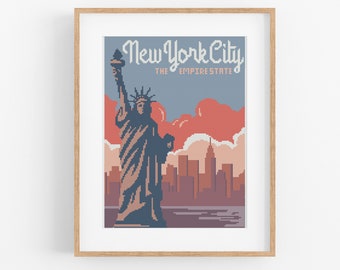 Vintage Travel 'New York City' Cross Stitch Pattern - Vintage Style NYC Cross Stitch Pattern PDF Instant Download. Statue of Liberty Pattern