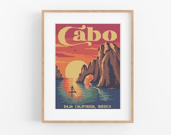 Patrón de punto de cruz de viaje vintage 'Cabo' - Patrón de punto de cruz de estilo vintage en PDF para descarga instantánea. México Cabo San Lucas Punto de cruz