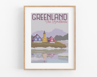 Vintage Travel Greenland Cross Stitch Pattern - Vintage Style Nordic Cross Stitch Pattern PDF Instant Download. Vintage Travel Scandinavia