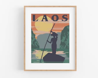 Vintage Travel Laos Cross Stitch Pattern - Asia Cross Stitch Pattern PDF Instant Download. Laotian Boat Cross Stitch / Mekong Delta