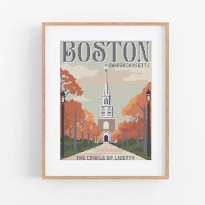 Puede incluir: Impresión artística enmarcada con una ilustración pixelada de una iglesia en Boston, Massachusetts. La impresión incluye el texto "BOSTON" y "THE CRADLE OF LIBERTY". La obra de arte está ambientada en un parque con árboles y farolas.