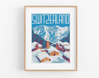 Vintage Travel Switzerland Cross Stitch Pattern - Europe Cross Stitch Pattern PDF Instant Download. Swiss Alps Cross Stitch Pattern