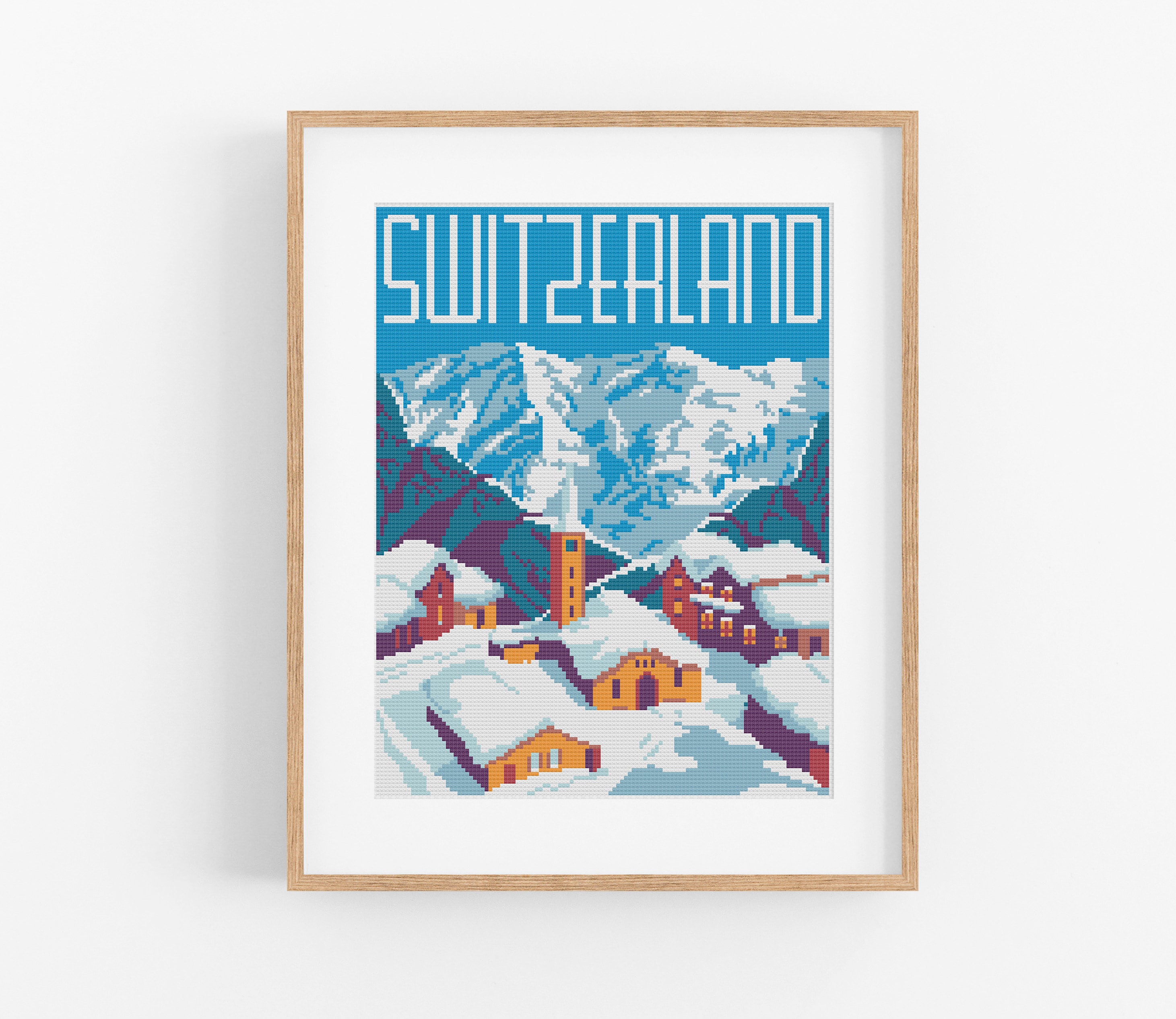 Vintage Travel Switzerland Cross Stitch Pattern - Europe Cross Stitch Pattern PDF Instant Download. Swiss Alps Cross Stitch Pattern
