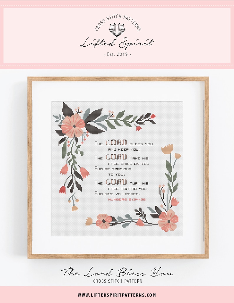 Christian Cross Stitch Pattern - The Lord Bless You and Keep You Cross Stitch Pattern PDF Bible Numbers 6:24-26, Psalm or Verse Cross Stitch image 3