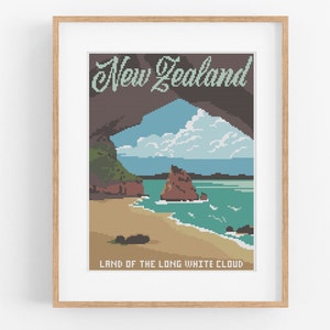 Vintage Travel New Zealand Cross Stitch Pattern - Kiwi Cross Stitch Pattern PDF Instant Download. Vintage Travel NZ Poster