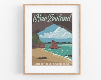 Vintage Travel New Zealand Cross Stitch Pattern - Kiwi Cross Stitch Pattern PDF Instant Download. Vintage Travel NZ Poster