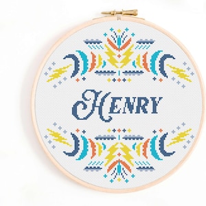 Child&#39;s Name Sign Cross Stitch - Waves and Bolts Cross Stitch Pattern with Calligraphy Alphabet - Boy&#39;s Name Cross Stitch Pattern