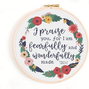 Christian Cross Stitch Pattern - Fearfully and Wonderfully Made Cross Stitch Pattern PDF Instant Download. Bible Verse Sampler. Psalm Chart