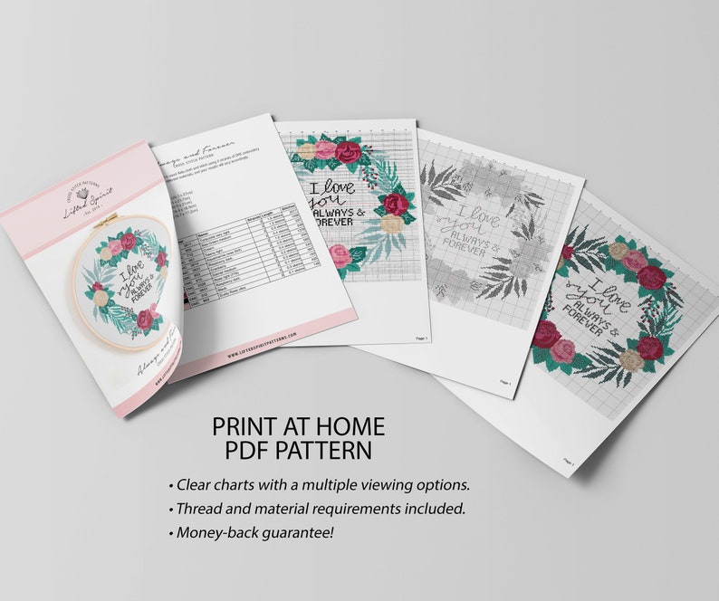 Puede incluir: Patr&oacute;n de punto de cruz imprimible con una corona de flores con el texto "I love you always & forever". El patr&oacute;n est&aacute; disponible para descargar en PDF e incluye m&uacute;ltiples opciones de visualizaci&oacute;n, requisitos de hilo y material, y una garant&iacute;a de devoluci&oacute;n de dinero.