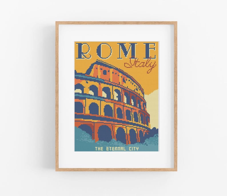 Puede incluir: Un p&oacute;ster de viaje de estilo vintage con fondo amarillo que presenta el Coliseo en Roma, Italia. El texto dice "ROMA Italia LA CIUDAD ETERNA".