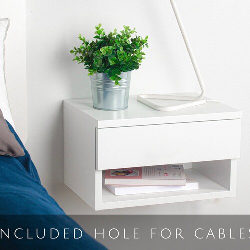 White Floating Nightstand Bedside Table Drawer in Oak Mid Etsy