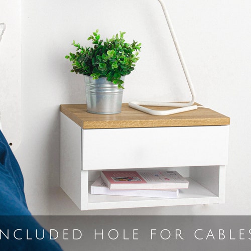 White Floating Nightstand Bedside Table Drawer in Oak Mid Etsy