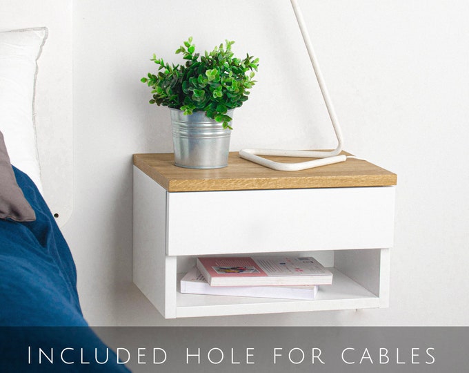 White Bedside Table With Oak Top / Floating Shelves / Floating