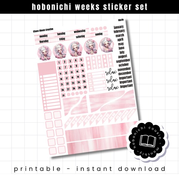 MARIE - French Inspired Printable Planner Stickers Set for Hobonichi Cousin Monthly Layout - Instant Download