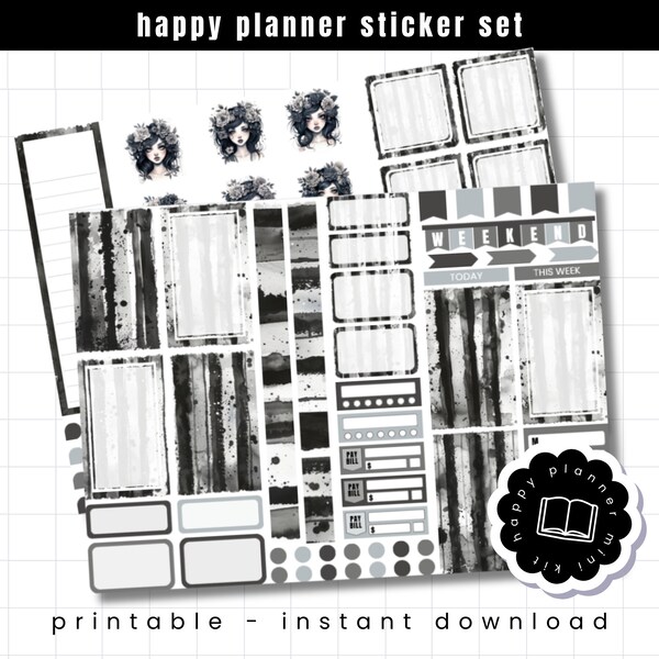 LYDIA- Emo, Goth Tim Burton Inspired Printable Happy Planner Sticker Set - Instant Download