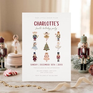 May include: A white rectangular birthday party invitation card featuring the text OUR LITTLE SUGAR PLUM CHARLOTTE'S fourth birthday party, SUNDAY | DECEMBER 18TH | 20XX, TWO O'CLOCK IN THE AFTERNOON, 125 ANY STREET, ANY CITY, ANY STATE 12345, RSVP TO JANE AT 123-456-7890, and illustrations of nine Nutcracker-themed characters.
