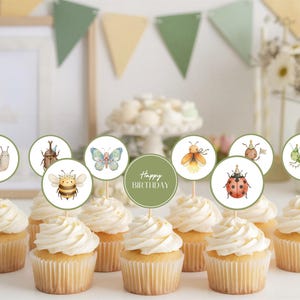 Peut inclure: Un ensemble de décorations rondes pour cupcakes avec des illustrations à l'aquarelle d'un escargot, d'un scarabée, d'une abeille, d'un papillon, d'une luciole, d'une coccinelle et d'une sauterelle, et un disque vert avec Happy BIRTHDAY.