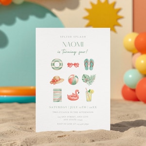 Inbjudan till Splish Splash Poolparty, inbjudan till sommarpoolparty med strandboll, födelsedagsfest, direktnedladdning, redigerbar Canvas-mall