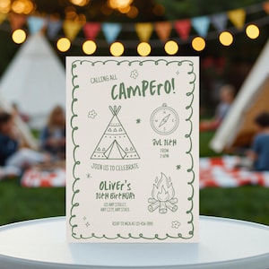 Plantilla de invitación de cumpleaños para acampar, invitación para campistas felices, fiesta de cumpleaños en el campamento, fogata en el jardín, glamping en el bosque, s'mores, editable en Canva