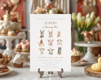 Calling All Party Animals Invitation, Pastel Animals in Birthday Party Hats, Barnyard Farm Party, Instant Download, Editable Canva Template