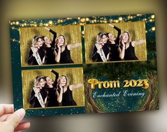 Enchanted Forest Prom 2023 Photobooth Template 4x6 Postcard 3 photo Class of 2023 Graduation Photo booth Template Green PSD PNG Editable