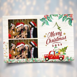 Plantilla para fotomatón de camión navideño, diseño de postal de 4 x 6 con 2 diseños de Feliz Navidad y Año Nuevo 2024, plantilla para fotomatón