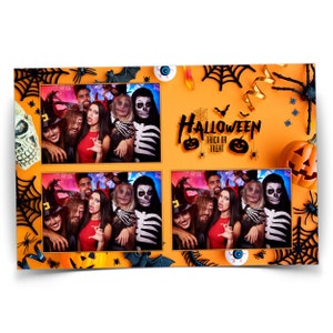 Modelo de cabine de fotos de Halloween 4x6 Festa de doces ou travessuras 2024 Laranja Amarelo Preto Cabine de fotos Modelo de abóbora cartão postal 3 fotos PSD PNG Fonte