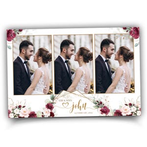 Modèle de photomaton de mariage bordeaux et rose clair 4 x 6 avec fleurs roses roses et verdure modèle 703 de photomaton de carte postale