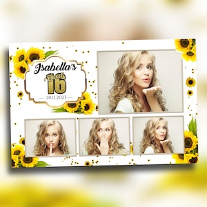 Plantilla de cabina de fotos de cumpleaños con girasoles, postal de 4 x 6, plantilla de cabina de espejo para quinceañera con purpurina dorada, mis quince - diseño 9 BM8