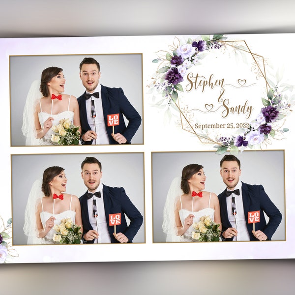 Wedding Photobooth template 4x6 strip with Floral blush flowers purple rose and greenery photo booth template