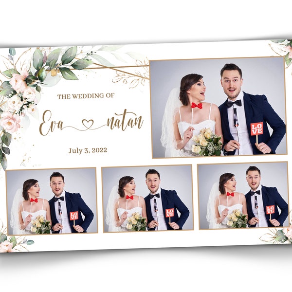 Wedding Photobooth template 4x6 with Floral blush flowers and greenery 4 photos photo booth template TB683