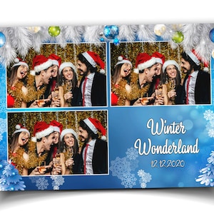 Winter Wonderland & Merry Christmas Holiday Party Photobooth Plantilla 4x6 Diseño de postal, Año Nuevo 2023 copos de nieve de pino blanco