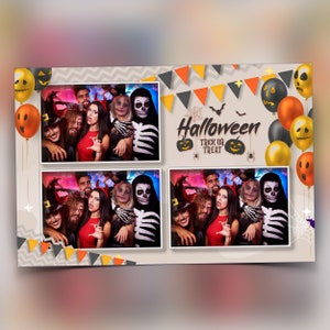 Modelo de cabine de fotos de aniversário de Halloween 4x6 Festa de doces ou travessuras 2024 cor bege Balão de Halloween Modelo de cabine de fotos Cartão postal 3 fotos PSD