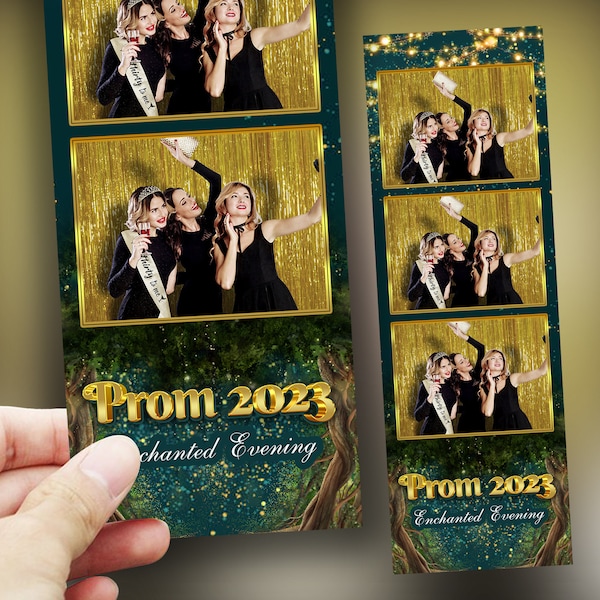 Enchanted Forest Prom 2023 Photobooth Template 2x6 stripe 3 photo Class of 2023 Graduation Photo booth Template Green PSD PNG Editable