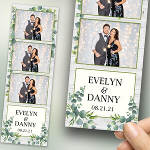 Plantilla de fotomatón de boda con rayas de eucalipto, fotomatón verde de 2x6, hojas de aniversario