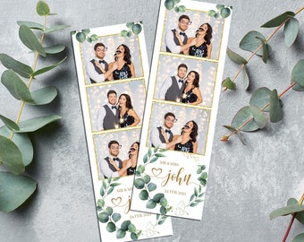 Wedding Photobooth template 2x6 strip with greenery eucalyptus wreath leaves elegant minimal annivarsary photo booth editable template