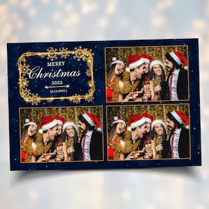 Modelo de cabine fotográfica de Natal azul marinho e dourado 4x6 cartão postal de paisagem 3 fotos cabine fotográfica festa de Natal 2023 modelo de véspera de ano novo 2024