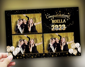Class of 2023 Black & Gold Graduation Photobooth Template Stylish Elegant 4x6 Postcard Triple photo photo booth template PSD PNG Font Link