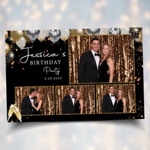 Geburtstag Photobooth Template Schwarz Gold und Silber Luftballons 4x6 Querformat Postkarte Layout 4 Foto Aufnahme Sweet 16 Photobooth Template BM2