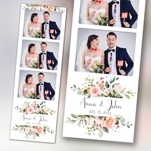 Plantilla para fotomatón de bodas, tira de 2 x 6 con flores rosas de color rosa claro y vegetación, plantilla para fotomatón B37 1242
