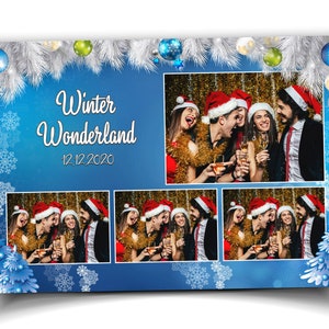 Winter Wonderland & Merry Christmas Holiday Party Modelo de cabine fotográfica 4x6 Layout de cartão postal, Ano Novo 2023 flocos de neve de pinheiro branco